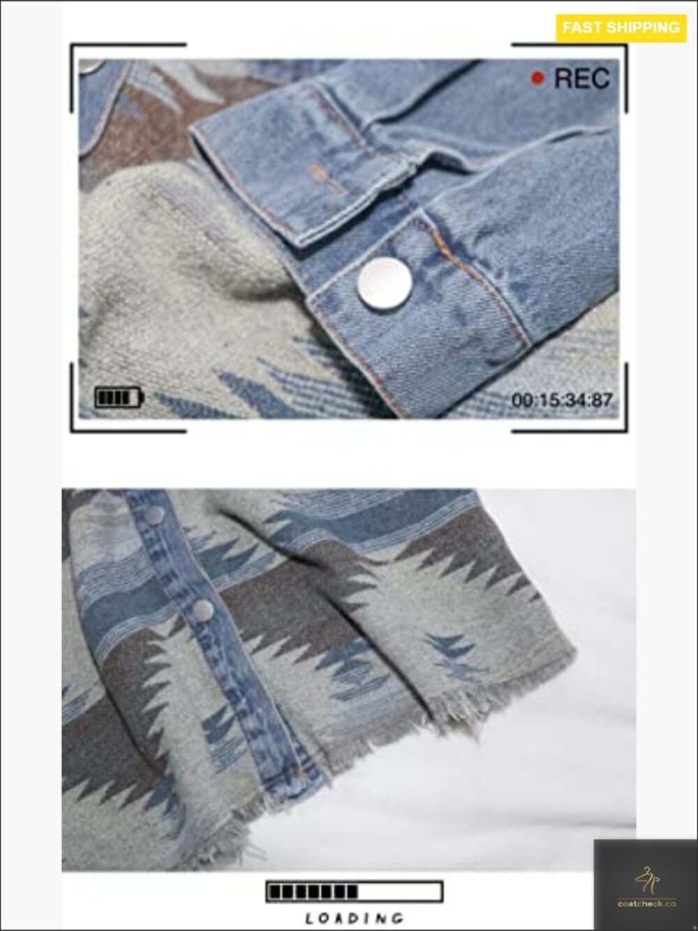 Vintage Distressed Aztec Denim Jacket Button Down Shacket Oversized Long Sleeve - Picture 6 of 7